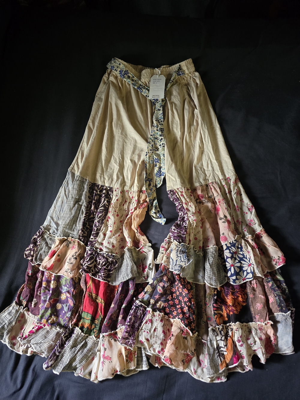 Boho Wide-Leg Tiered Patchwork Pants in Beige and Multi